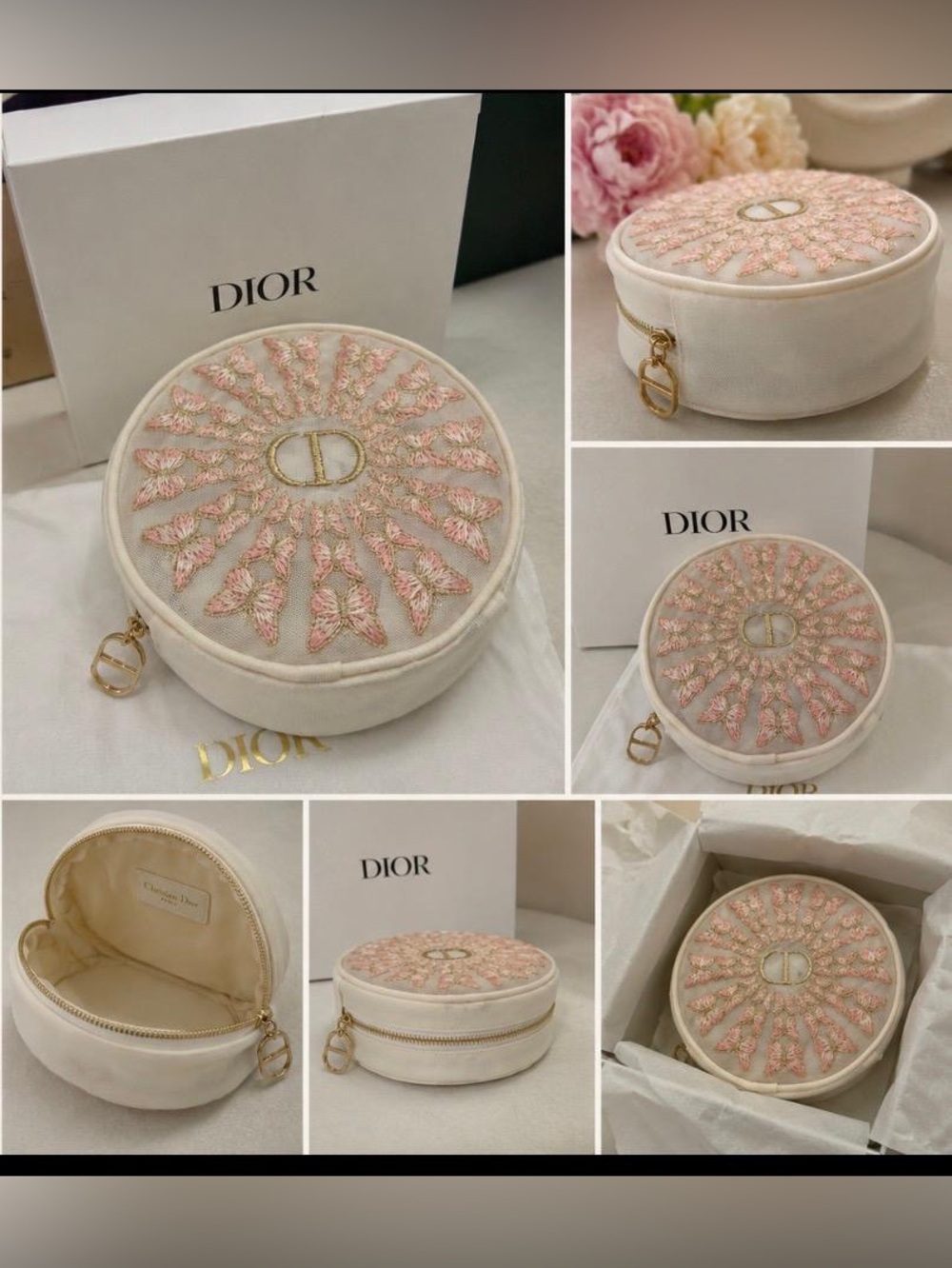 Mother’s Day Dior Round Mesh Cosmetic Pouch in Cream & Gold, Limited Edition